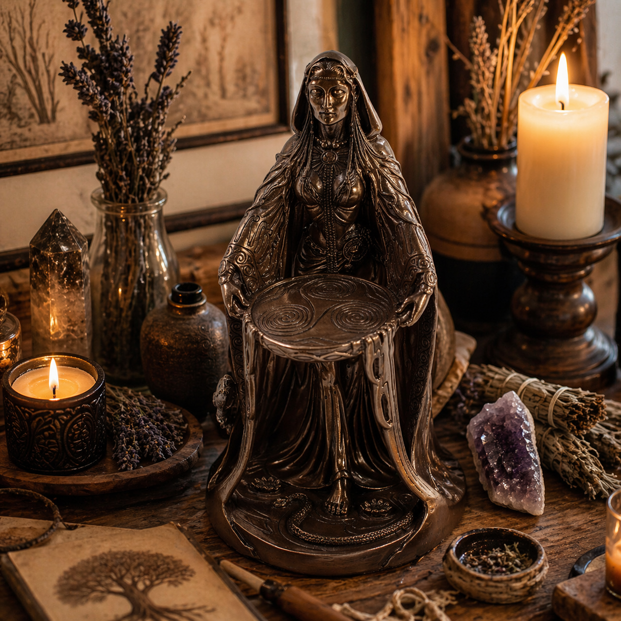 Decorative statue of a Danu with candles, crystals, and herbs on a wooden table.