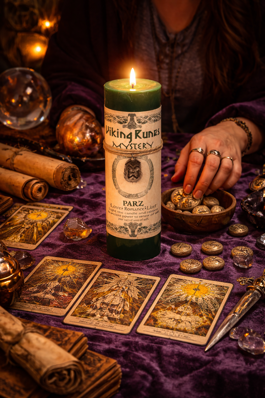 Viking Runes Mystery Parz Candle with tarot cards, rune stones, ancient scrolls, and velvet cloth textures.