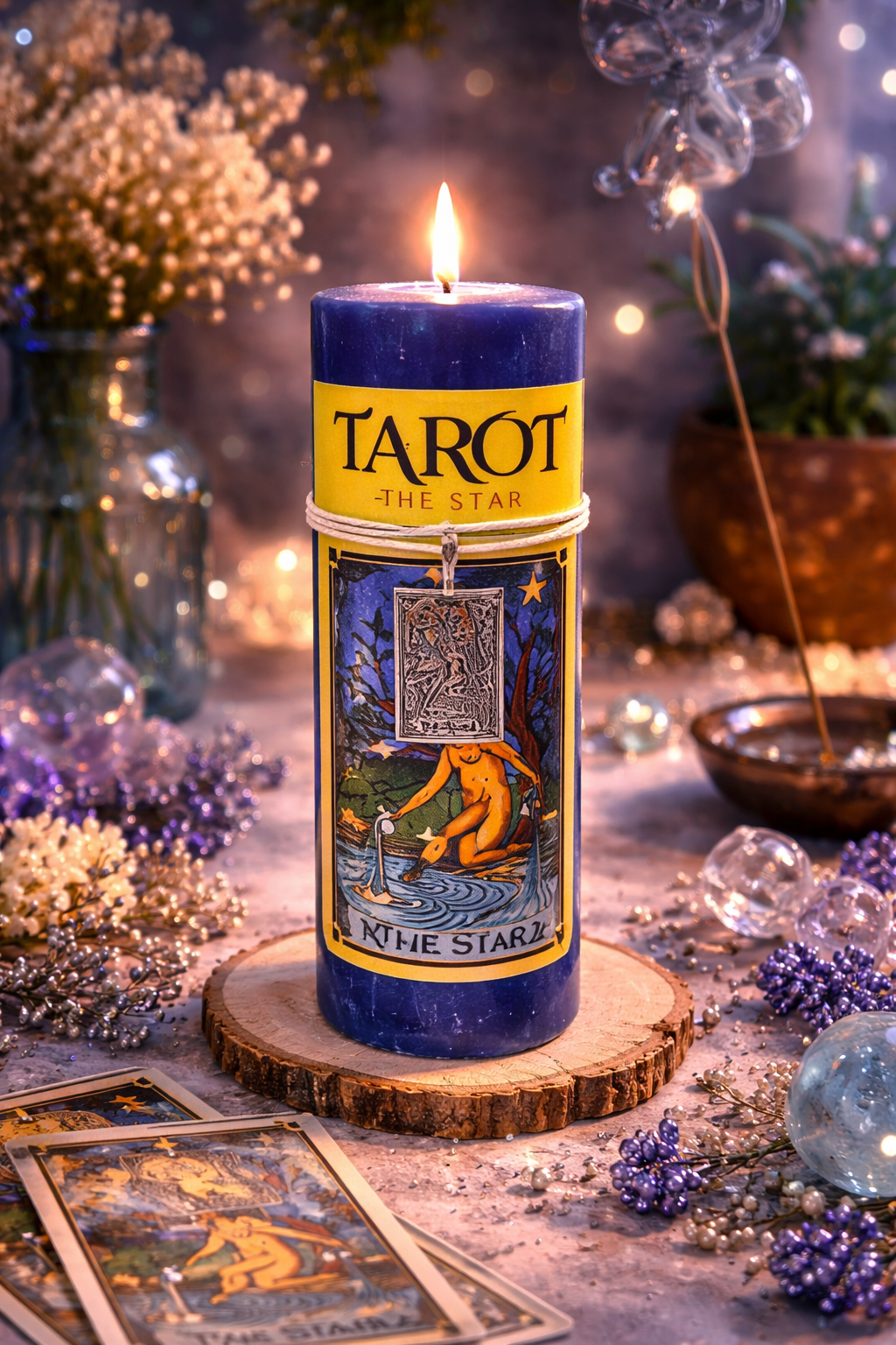 Tarot-themed candle on a wooden coaster with tarot cards and decorative elements in the background.