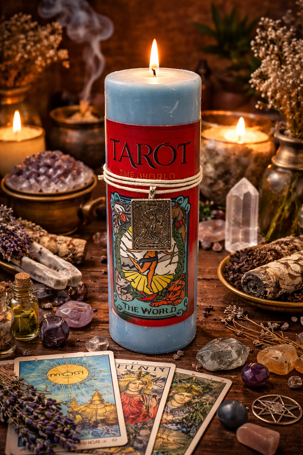 Candle with Tarot design on a table with tarot cards, crystals, and other mystical items.