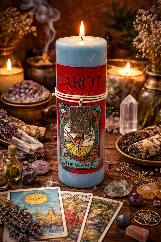 Candle with Tarot design on a table with tarot cards, crystals, and other mystical items.