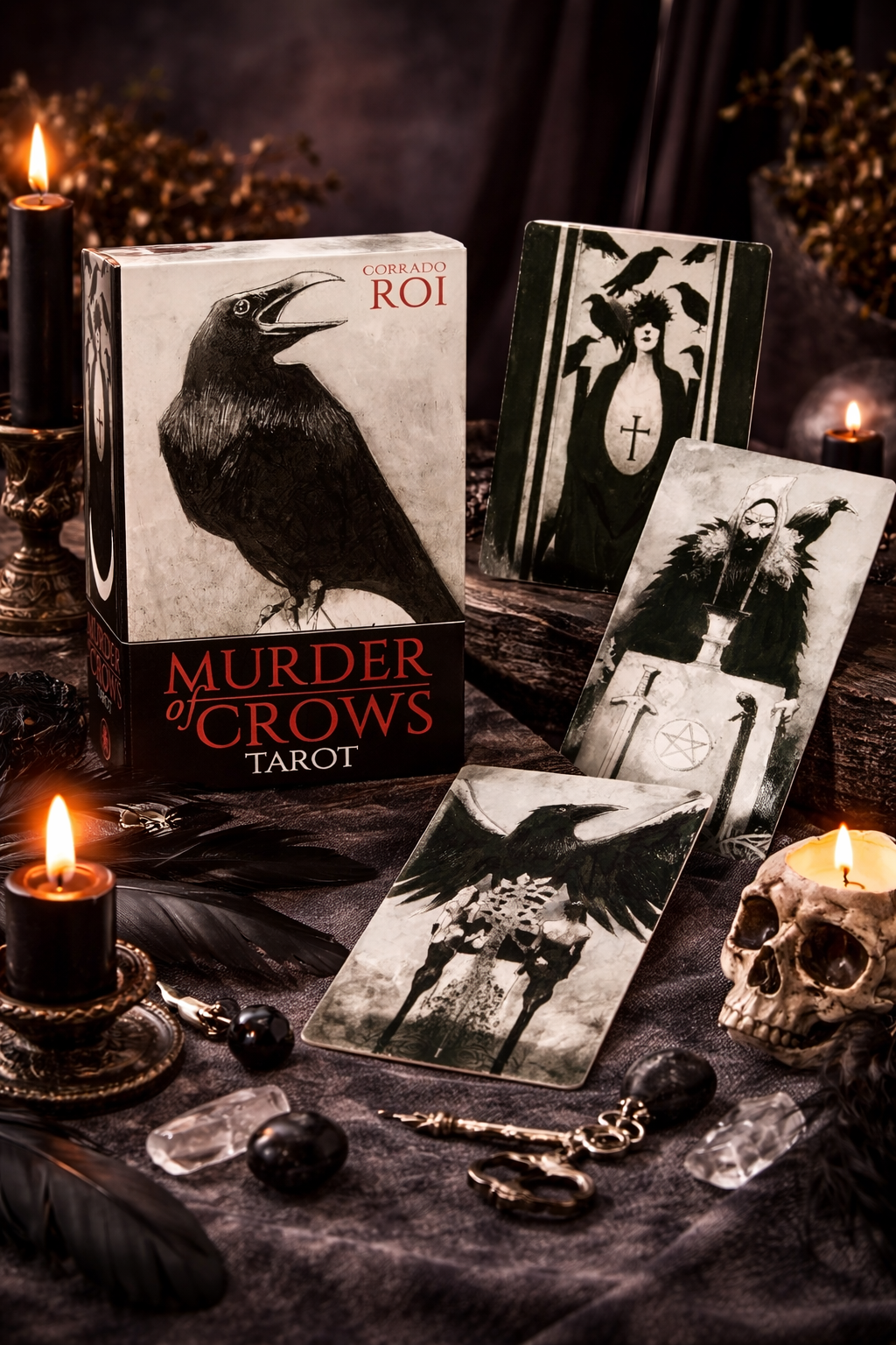 Tarot cards titled 'Murder of Crows Tarot' with candles and a skull on a dark surface.