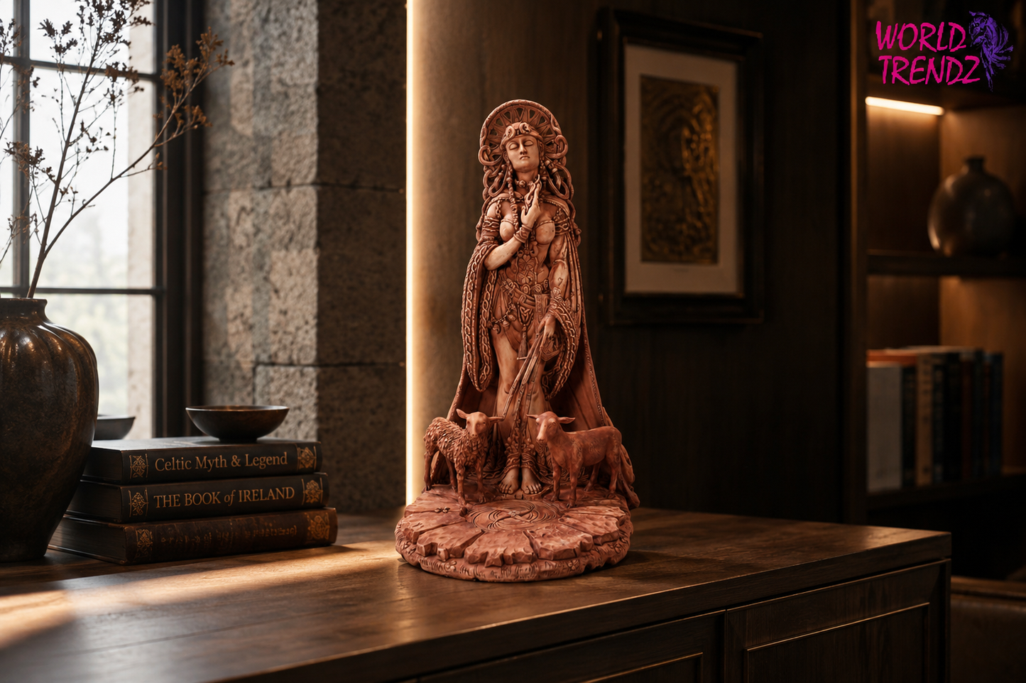 A carved Celtic-style statue of Goddess Brigid with sheep on a pedestal base, displayed on a wooden cabinet in a dimly lit room with warm lighting.