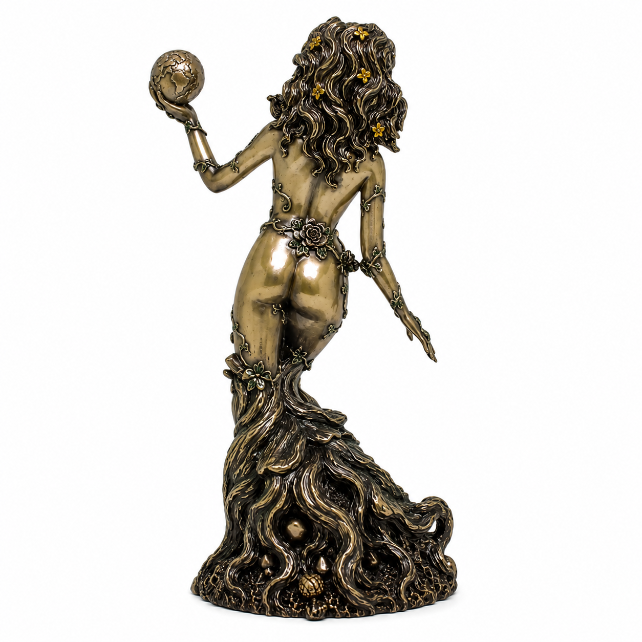 A bronze-finished Goddess Gaia with long curly hair, holding a sphere in one hand, set against a plain white background.