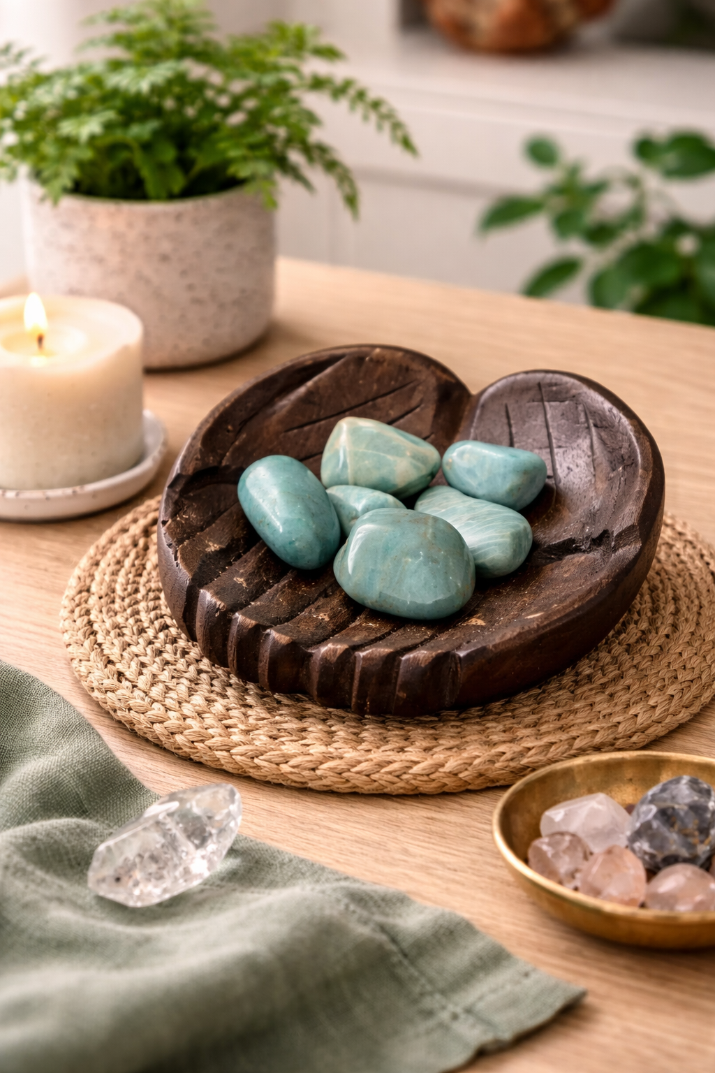 Turquoise stones in a wooden dish on a table with plants and candles in the background