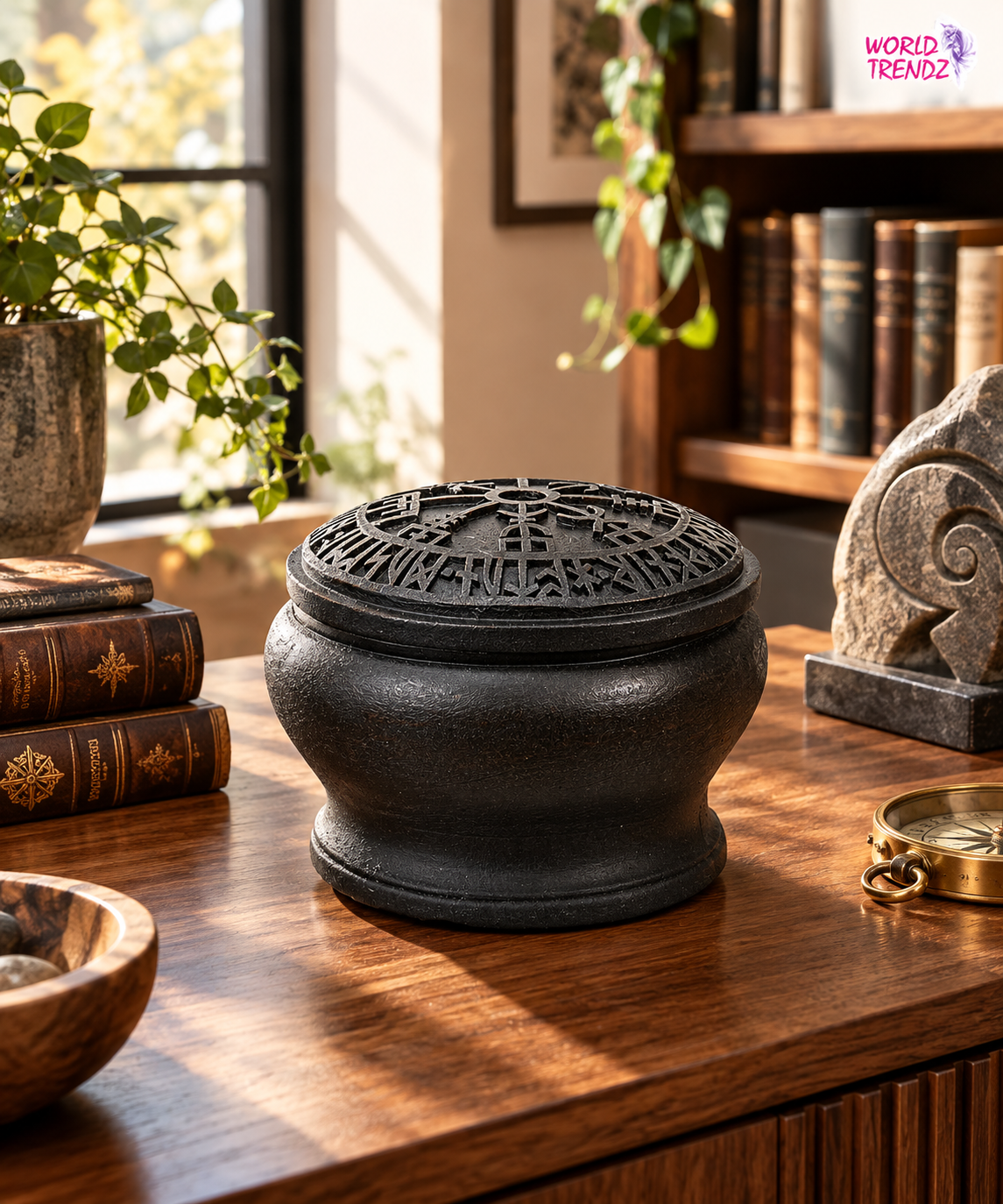 A dark charcoal cast iron Vegvisir Box with a detailed circular lid, displayed on a wooden desk in a warm, sunlit room with books and plants.