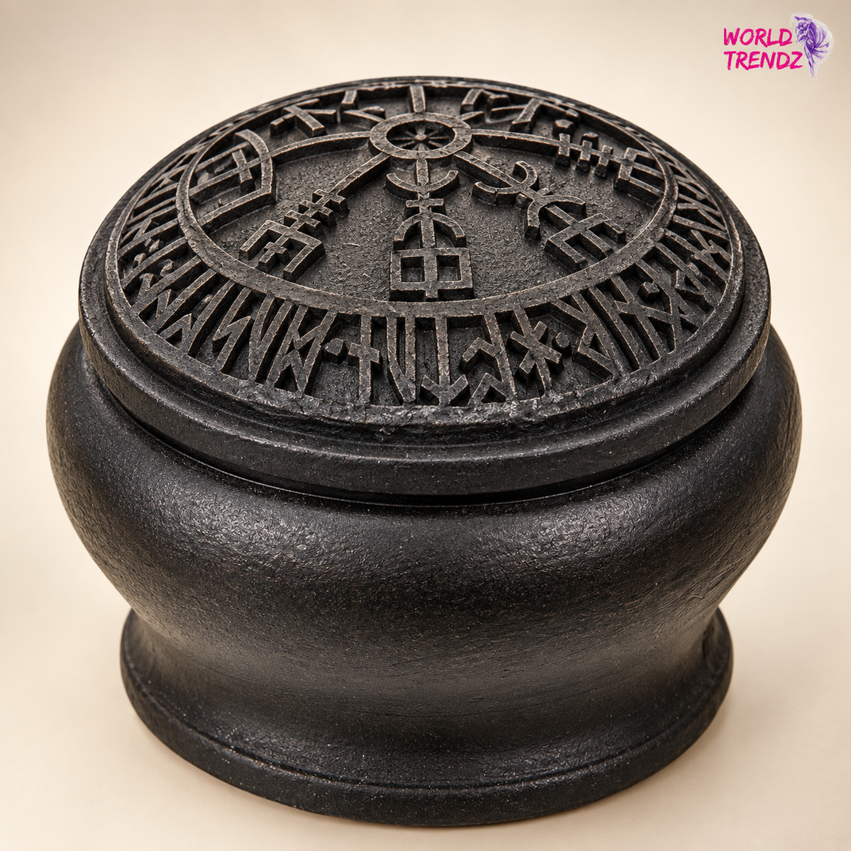 A black cast iron lidded Vegvisir Box with a highly detailed, circular Norse-style runic symbol design on the lid, set against a plain beige background. A 'WORLD TRENDZ' watermark is visible in the top right corner.