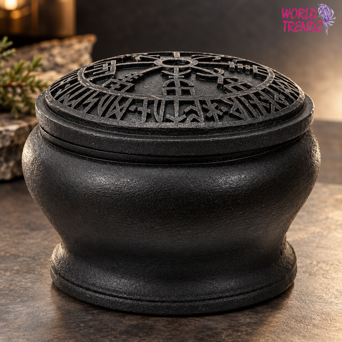 A black cast iron Vegvisir Box with a detailed circular lid design, shown on a dark textured surface with a blurred background.