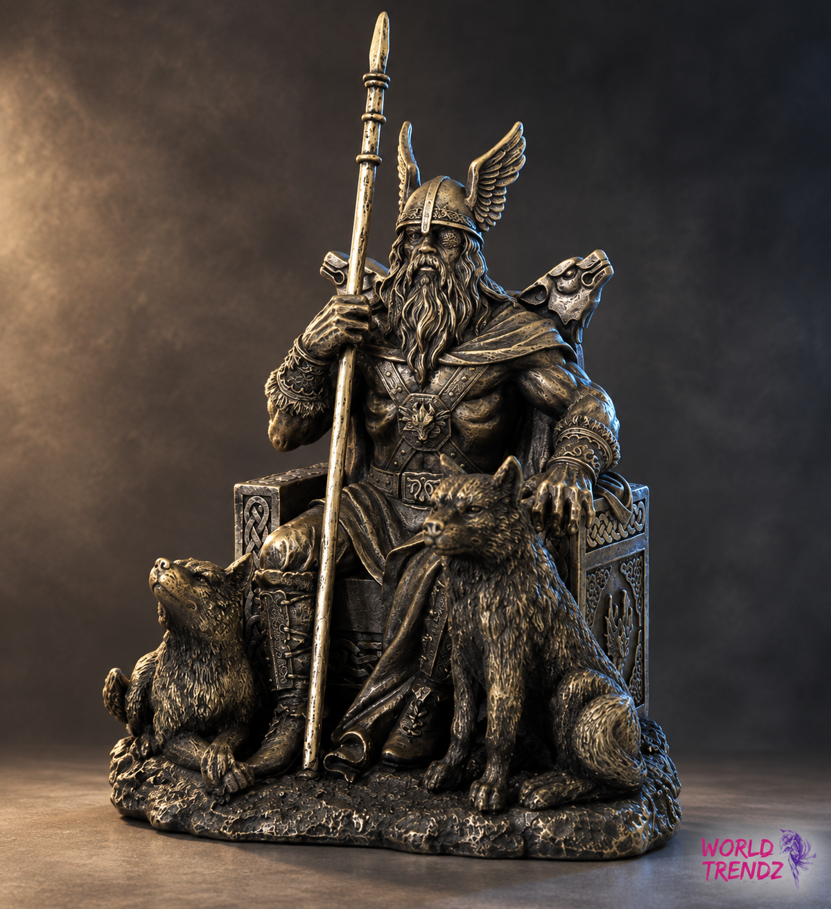 A detailed bronze-finished statue of ODIN — Norse God seated on a throne with two wolves, photographed against a dark smoky studio background. The statue features a horned helmet, long beard, and holds a spear.