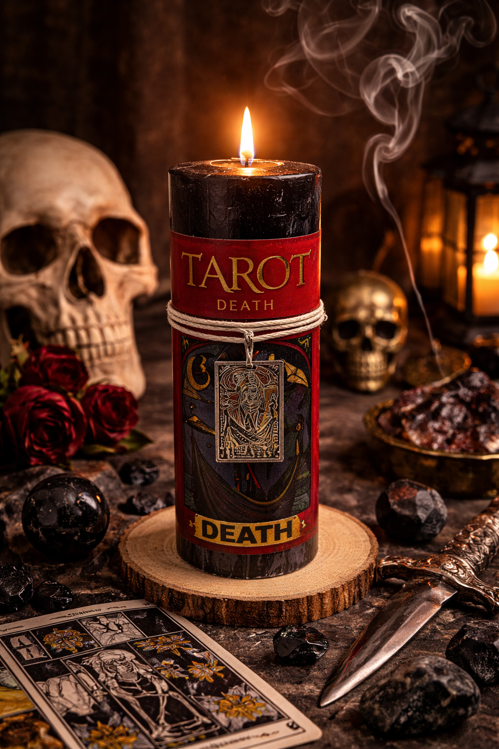 Candle labeled 'Tarot Death' with skulls, roses, and tarot cards in a mystical setting.