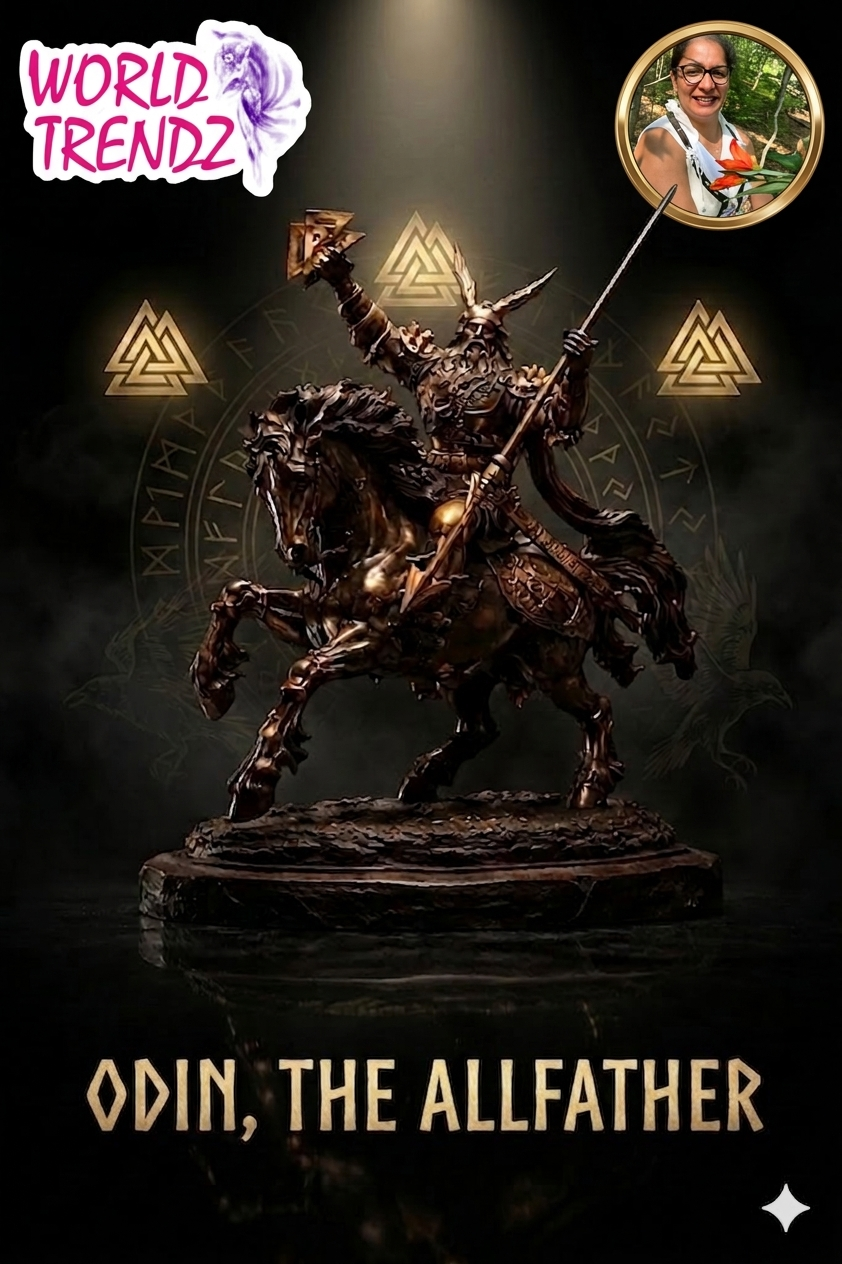 Statue of Odin on a horse with 'World Trendz' branding and a person's face in the corner.