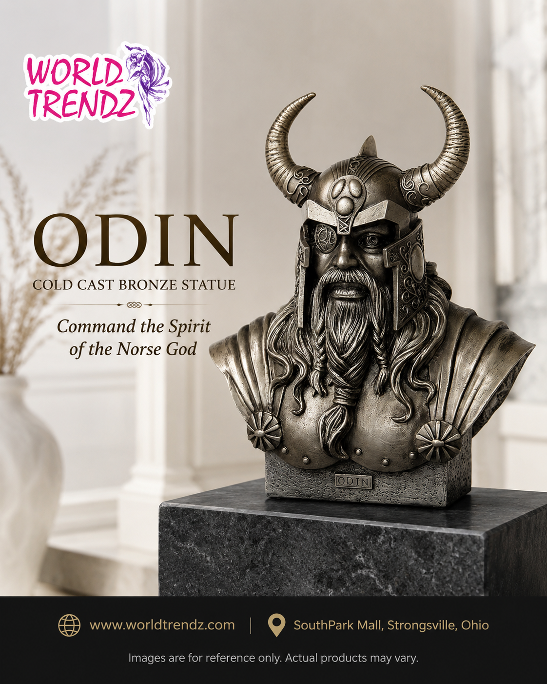 A bronze bust statue of Odin, the Norse God, displayed on a dark stone pedestal. The image features promotional text and branding for 'World Trendz'.