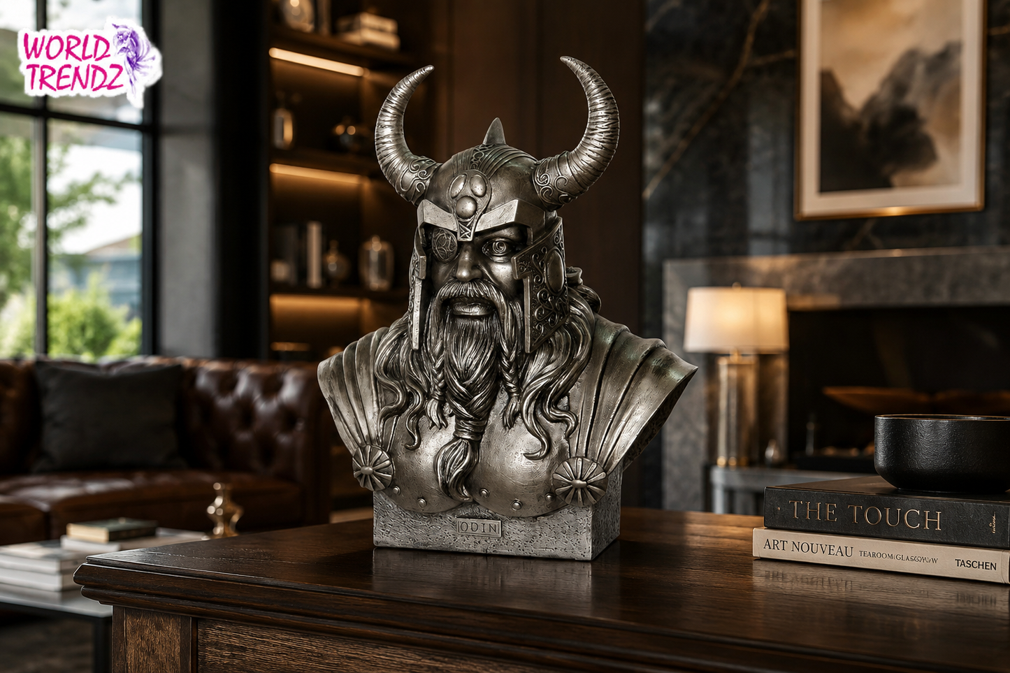 A detailed bronze-finished bust Odin Cold Cast Bronze Statue, displayed on a dark wooden table in a luxurious, dimly lit living room setting.