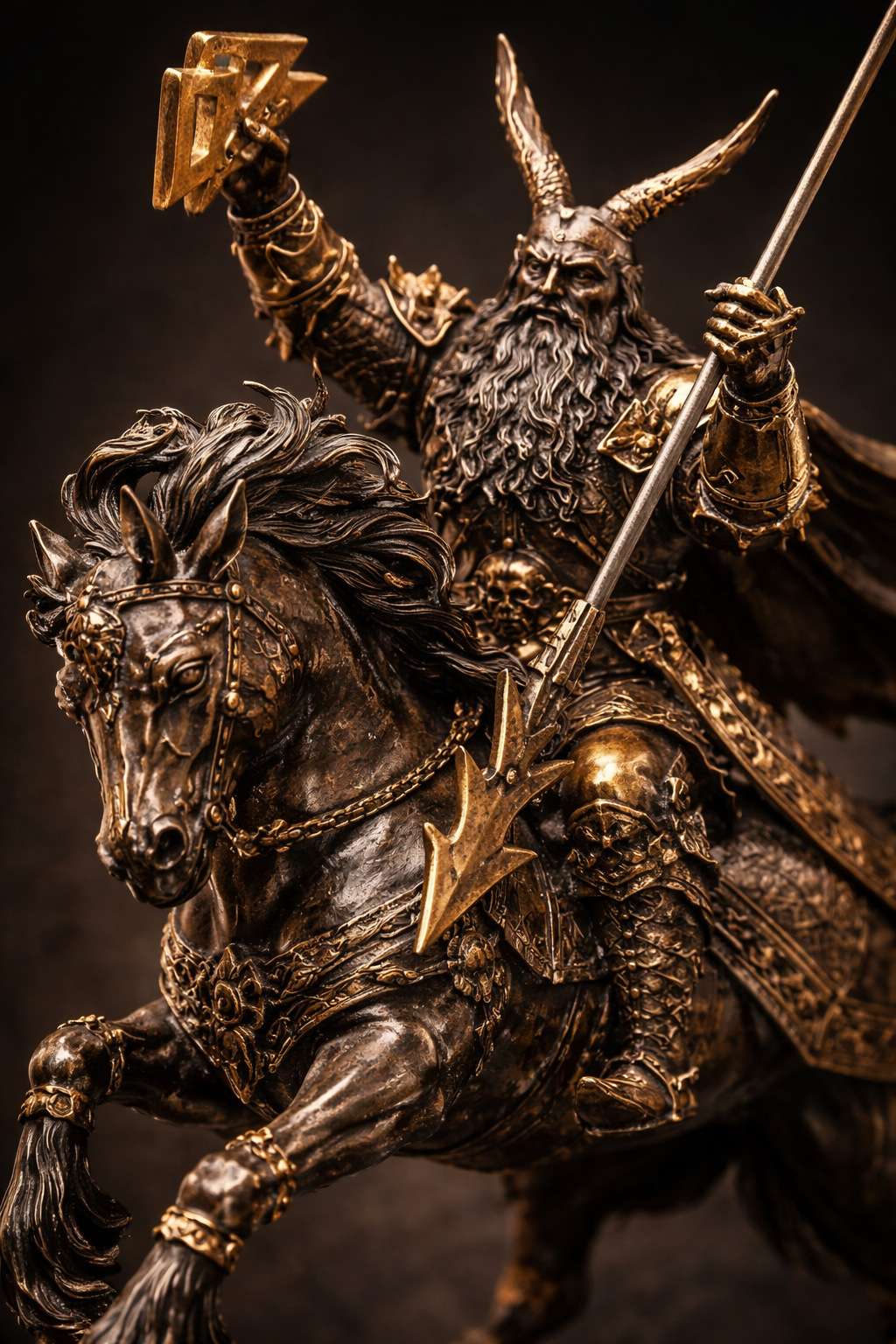 Bronze statue of a warrior on horseback with a spear and hammer, against a dark background