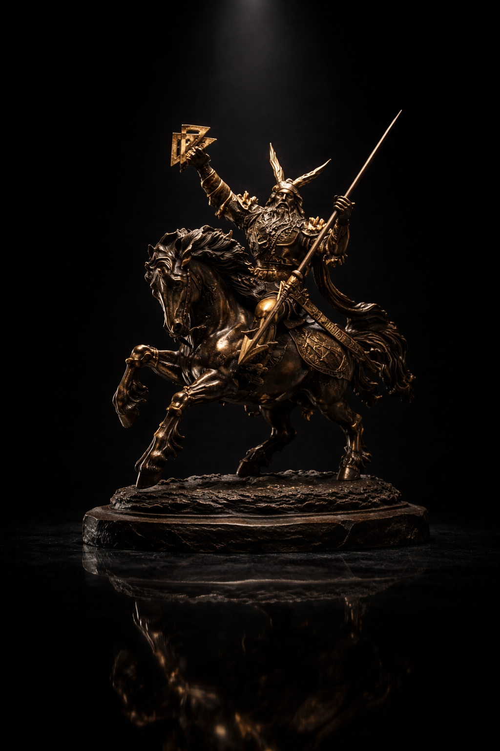 Bronze statue of a warrior on horseback against a black background