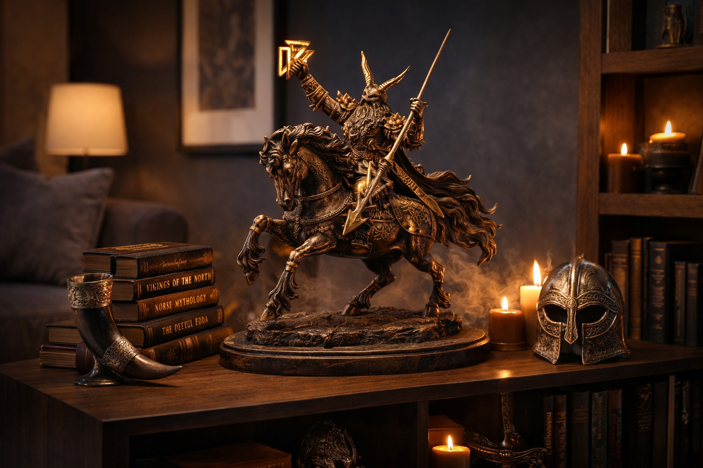 Bronze statue of a warrior on horseback in a dimly lit room with books and candles.