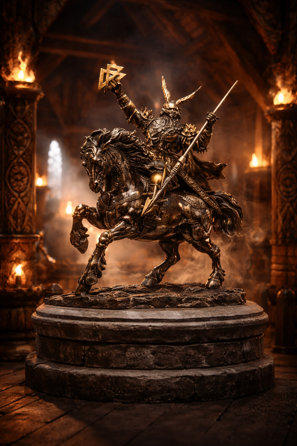 Bronze statue of a warrior on horseback in a dimly lit room with torches.