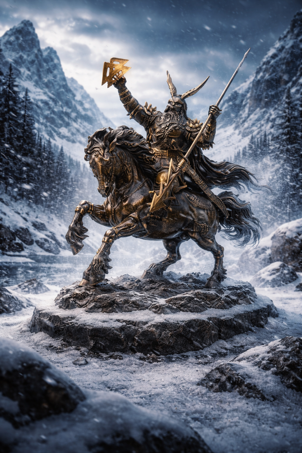 Statue of a warrior on horseback in a snowy mountain landscape