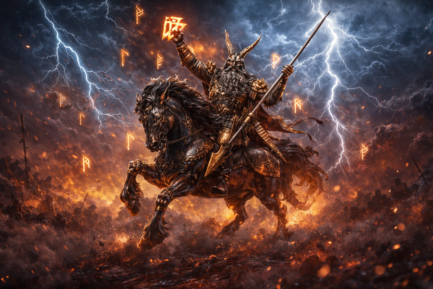 Warrior on a horse with lightning and fiery background