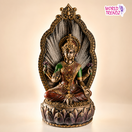 A decorative seated Hindu deity Lakshmi statue with a lotus base and ornate halo, shown against a plain beige studio background. The figure has metallic gold detailing, green sleeves, and reddish-brown robes.