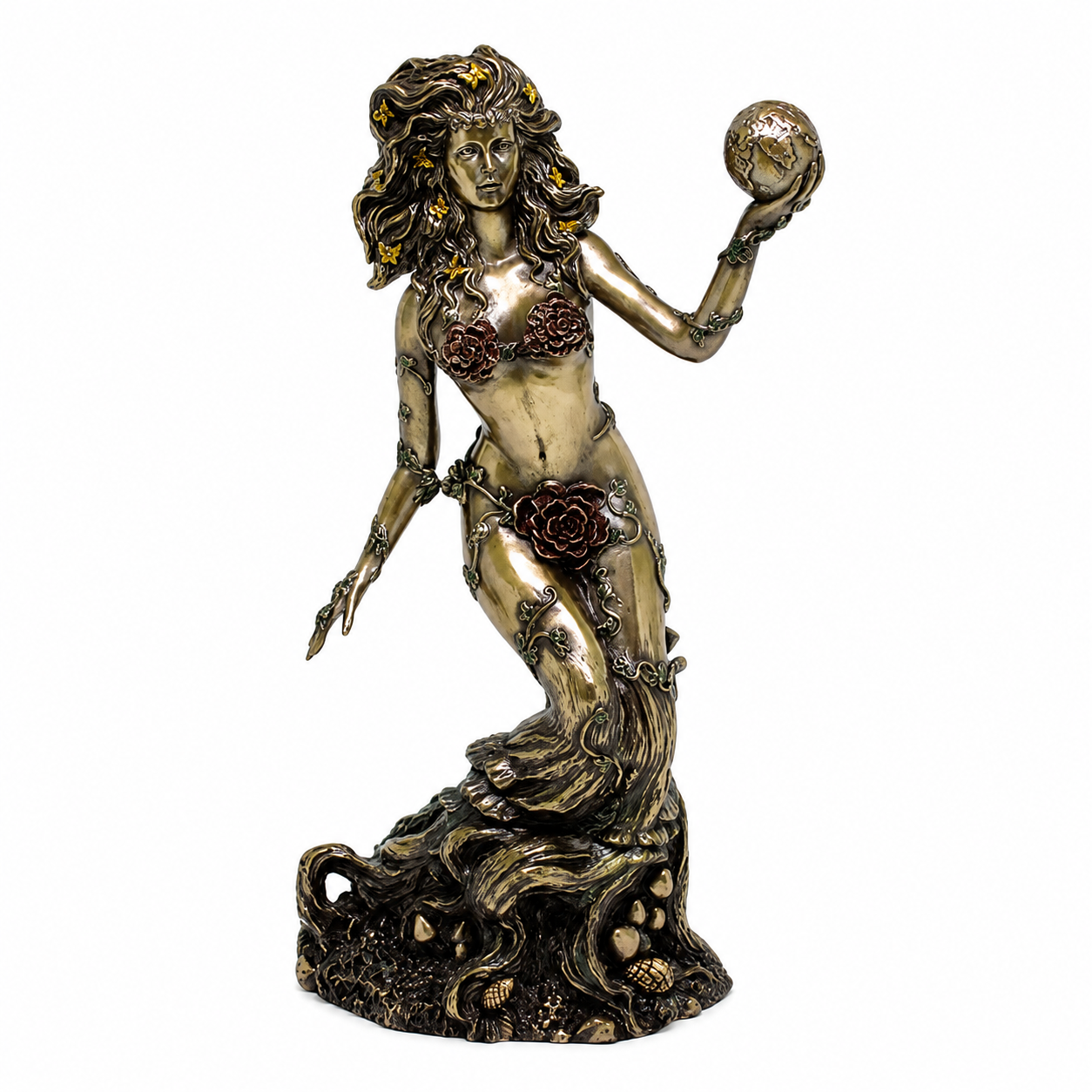 A bronze-finished figurine of Goddess Gaia with flowing hair, holding a globe in one hand, with floral and organic details throughout, set against a plain white background.