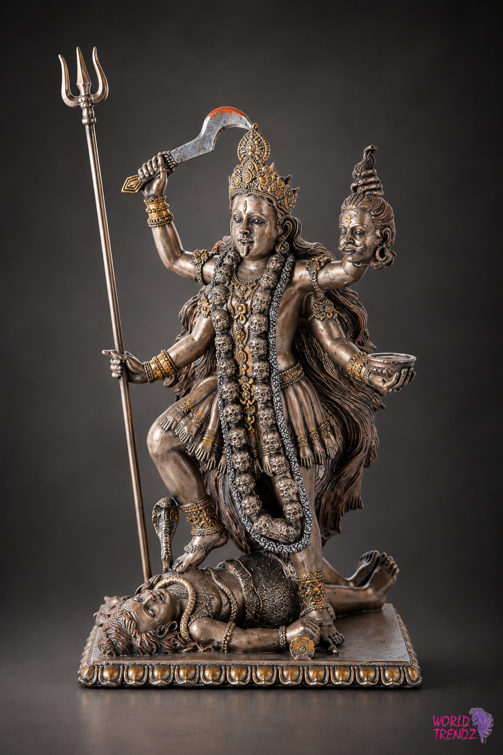A detailed bronze-finished statue of Kala Kali, a Hindu deity with multiple arms, holding a trident and a curved sword, standing over a defeated figure on a dark studio background.