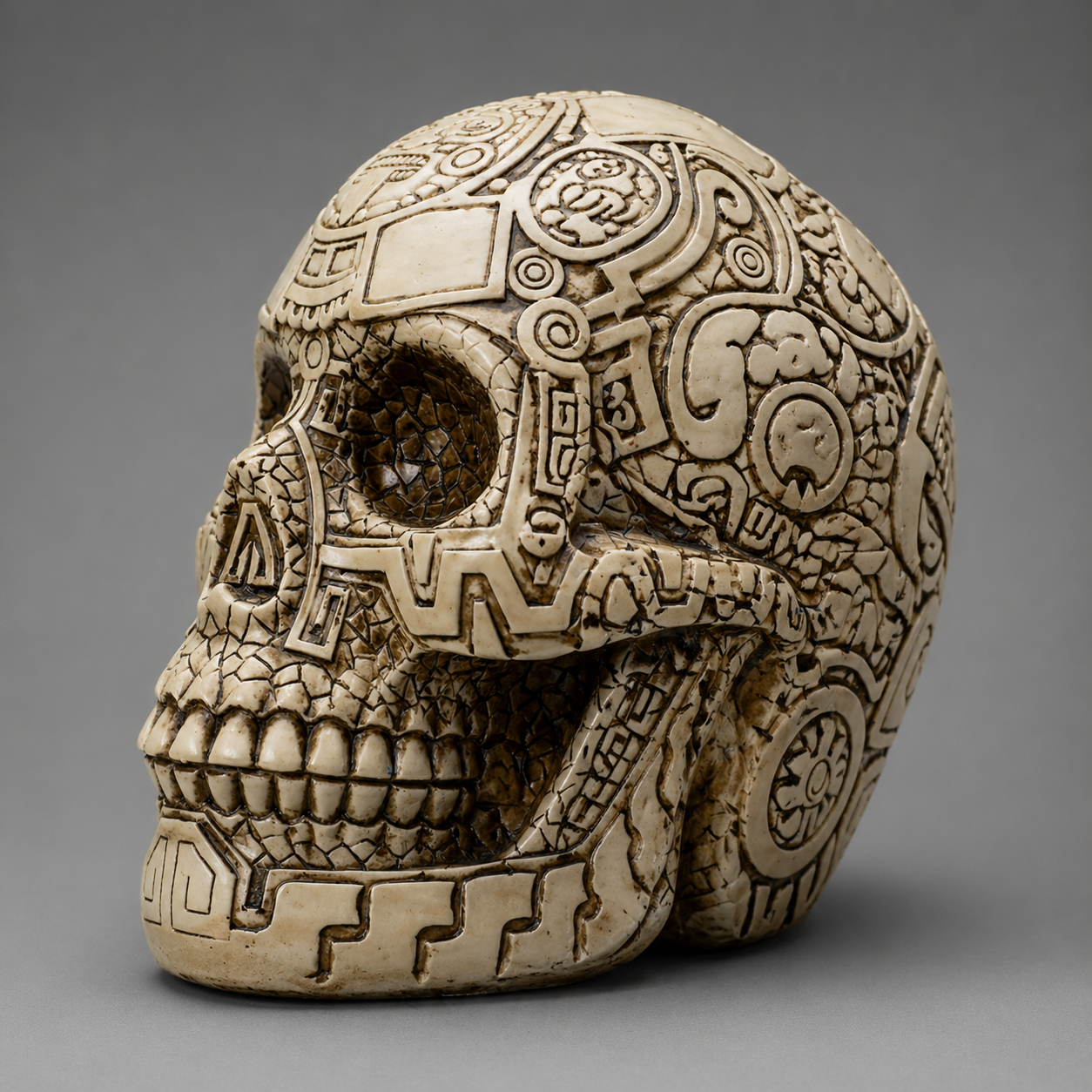 Aztec Decorative skull with intricate patterns on a gray background