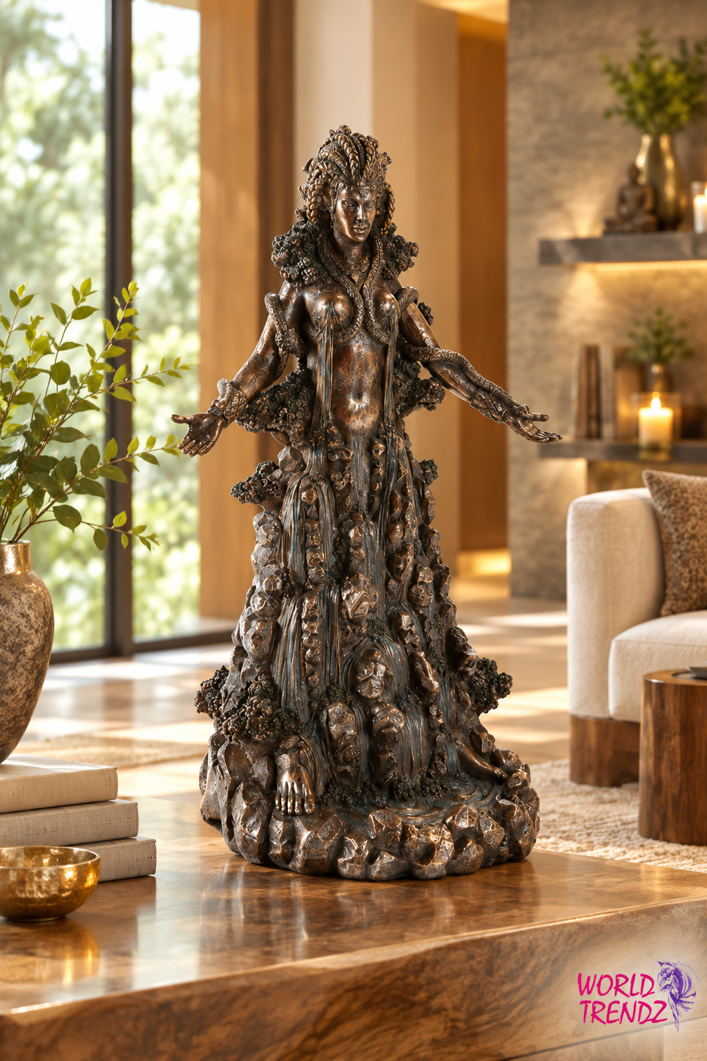 A dark bronze-finished Goddess Danu with outstretched arms, standing on a textured base, displayed on a wooden table in a modern, warm-toned living room setting.