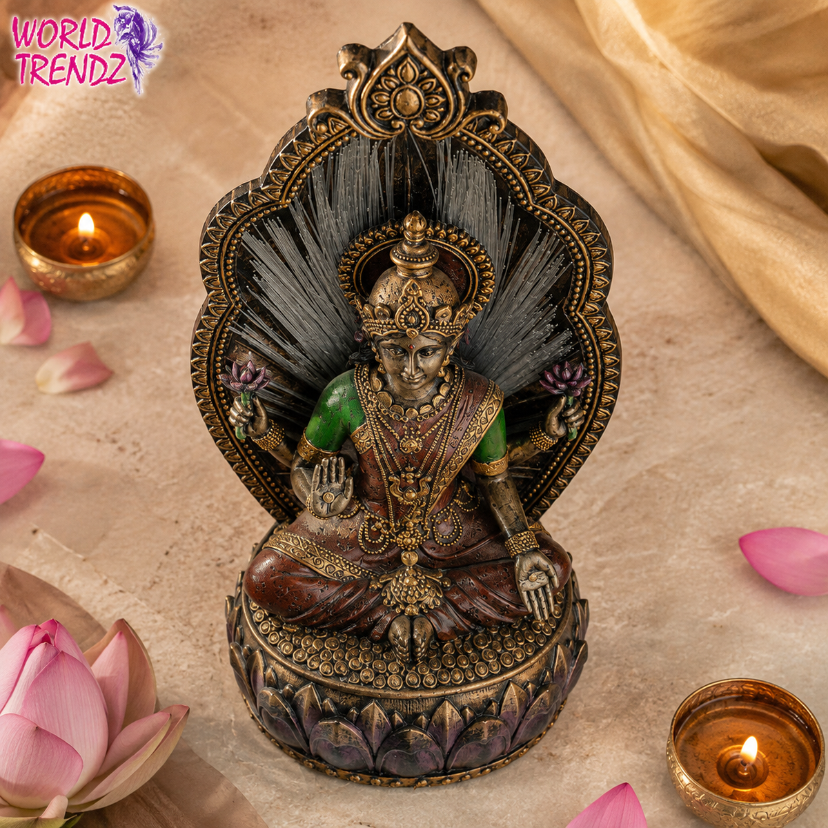 An ornate seated Hindu deity Lakshmi statue with a dark halo and gold-toned detailing, styled on a beige fabric surface with lit oil lamps, pink lotus petals, and draped gold fabric. A 'World Trendz' logo appears in the top-left corner.
