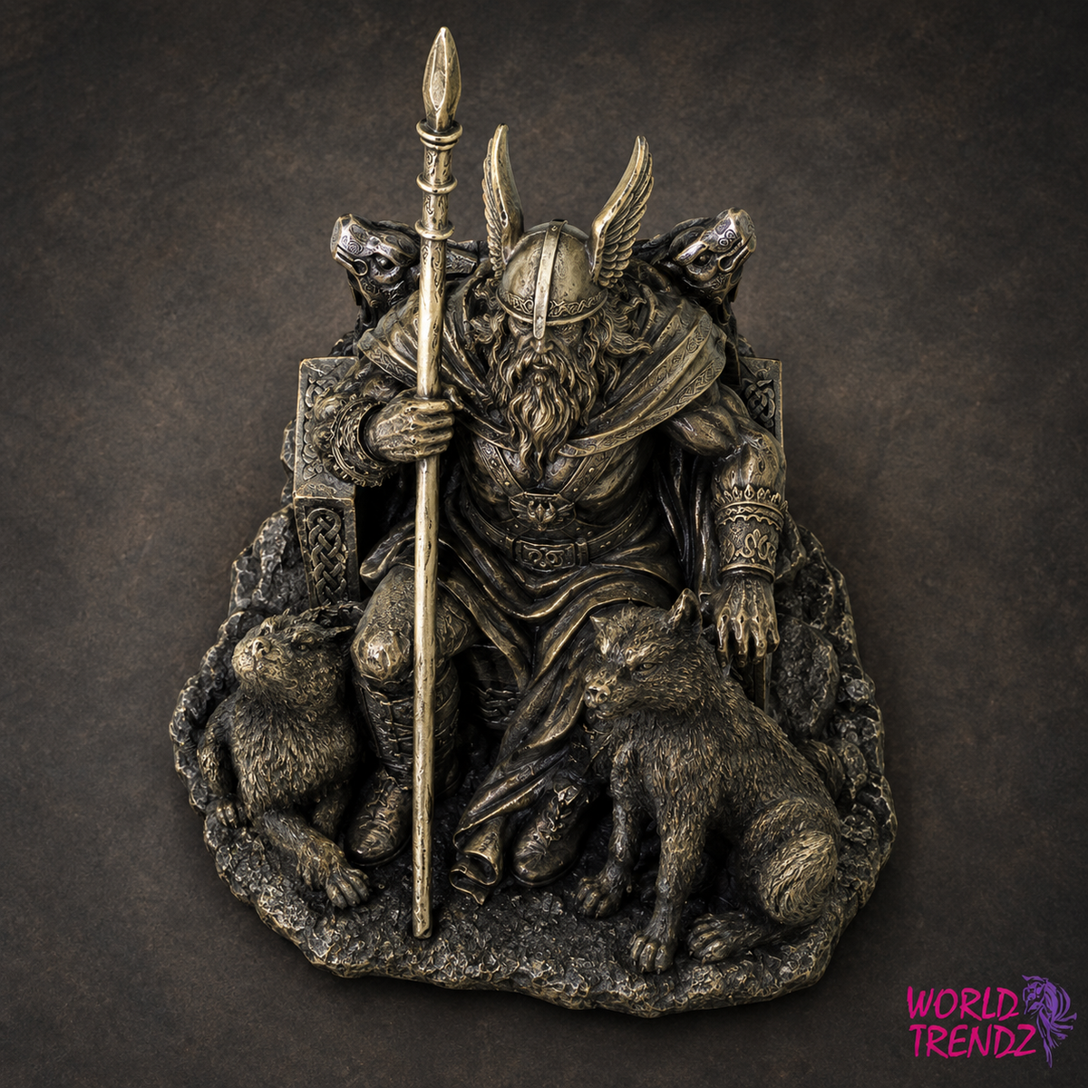 A detailed bronze-finished ODIN — Norse God statue seated on a throne with wolf and cat companions, holding a spear, shown against a dark textured background. A 'WORLD TRENDZ' logo is visible in the bottom right corner.