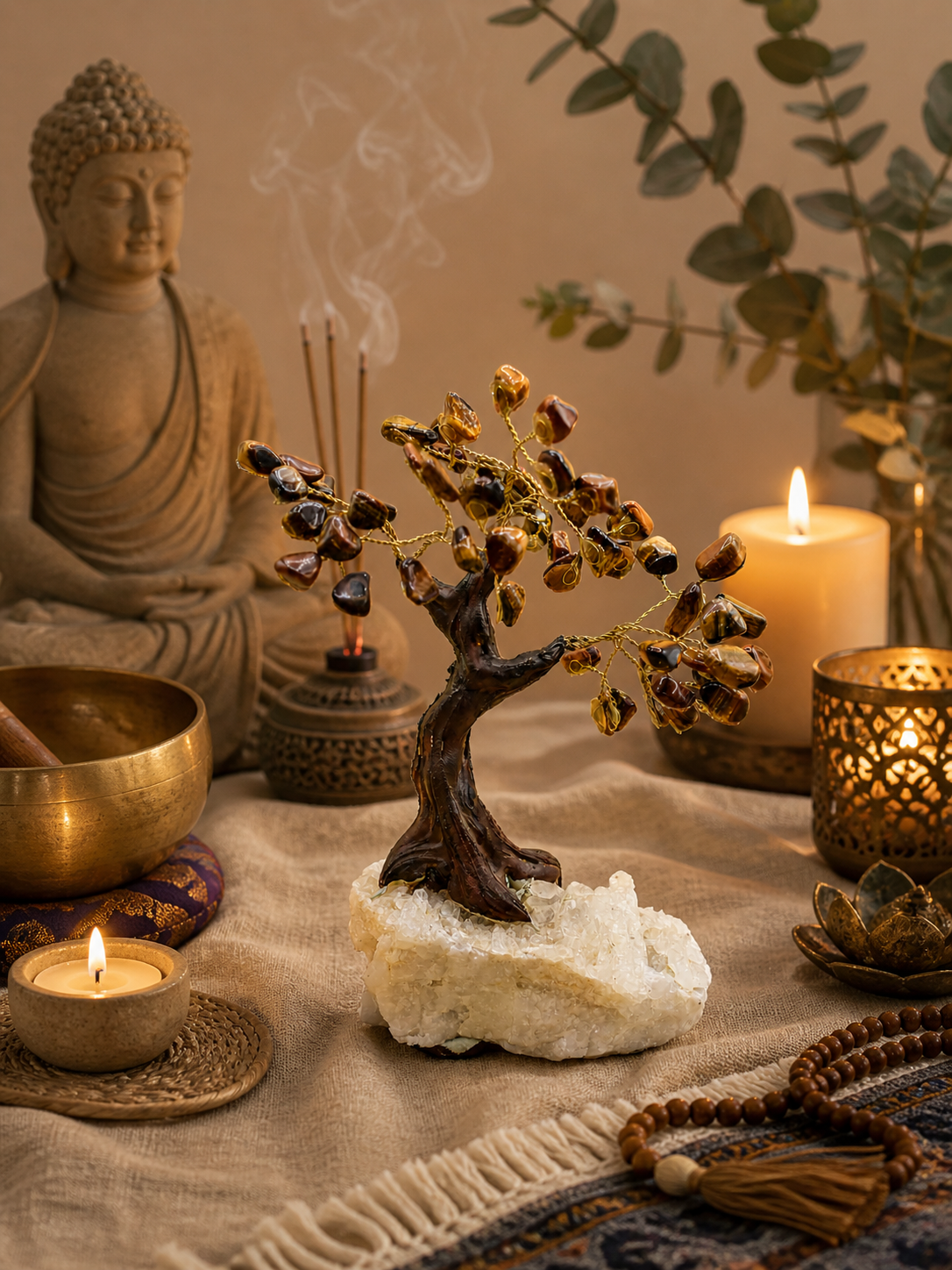 Tiger eye gemstone tree sculpture placed on a meditation altar with candles, incense, and soft fabrics in the background.