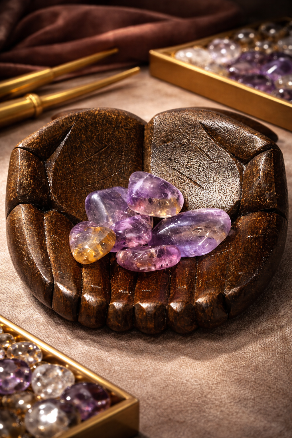Wooden bowl with purple and pink Ametrine gemstones on a textured surface