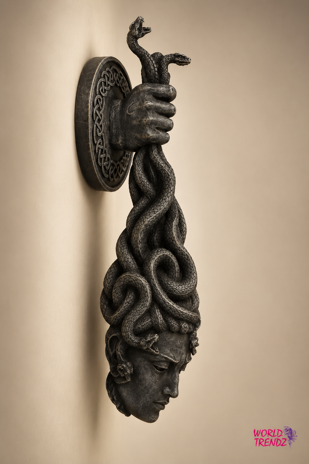 A dark metallic wall-mounted sculpture depicting Medusa-style snakes for hair, held by a hand gripping a snake, against a plain beige wall.