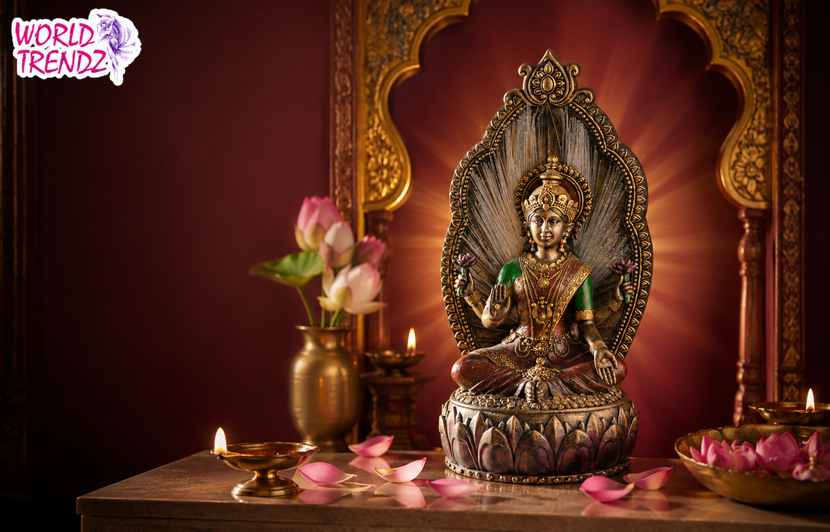 A metallic Lakshmi statue displayed on a wooden altar with pink lotus flowers, lit oil lamps, and scattered pink petals, set against an ornate golden arch and dark red background. A 'World Trendz' logo is visible in the top-left corner.