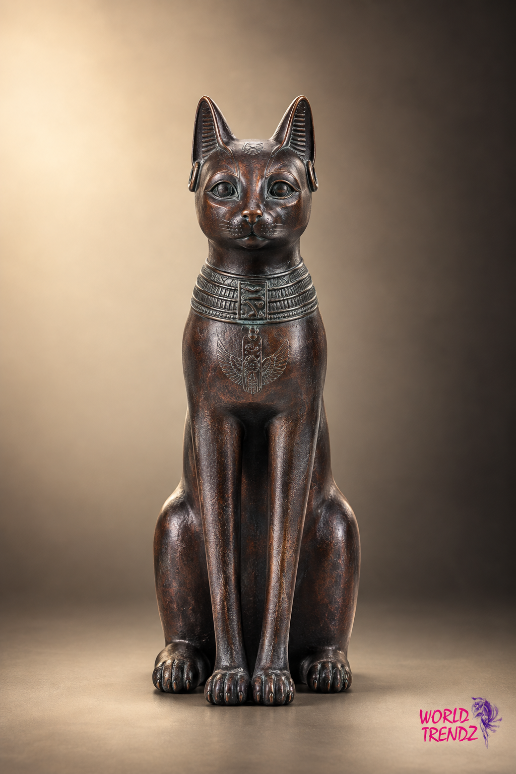 A dark bronze-finished statue of Egyptian Small Bastet with traditional Egyptian-inspired features, including a detailed collar and stylized facial features, set against a warm gradient studio background.
