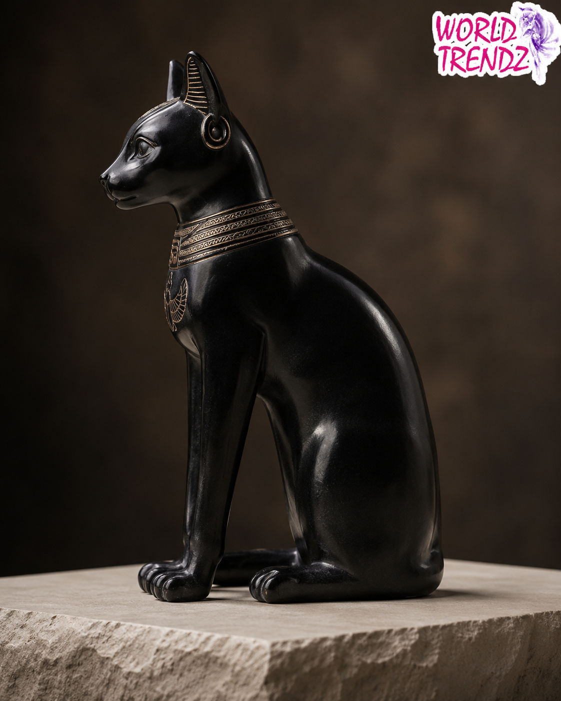 A glossy black cat figurine Bastet with gold decorative collar details, posed sitting on a stone pedestal against a dark brown studio background. A 'WORLD TRENCH2' logo appears in the top right corner.