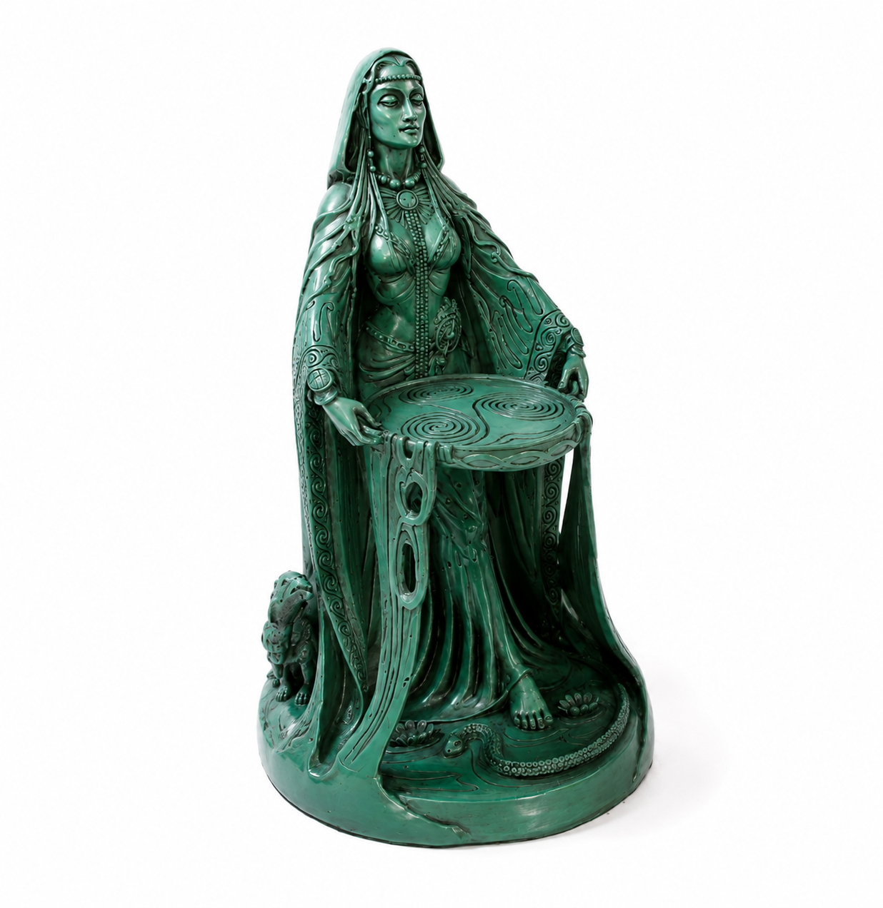 Goddess Danu statue viewed from a left three-quarter angle, showing the depth of the robe folds, side engravings, altar structure, and sculptural base.
