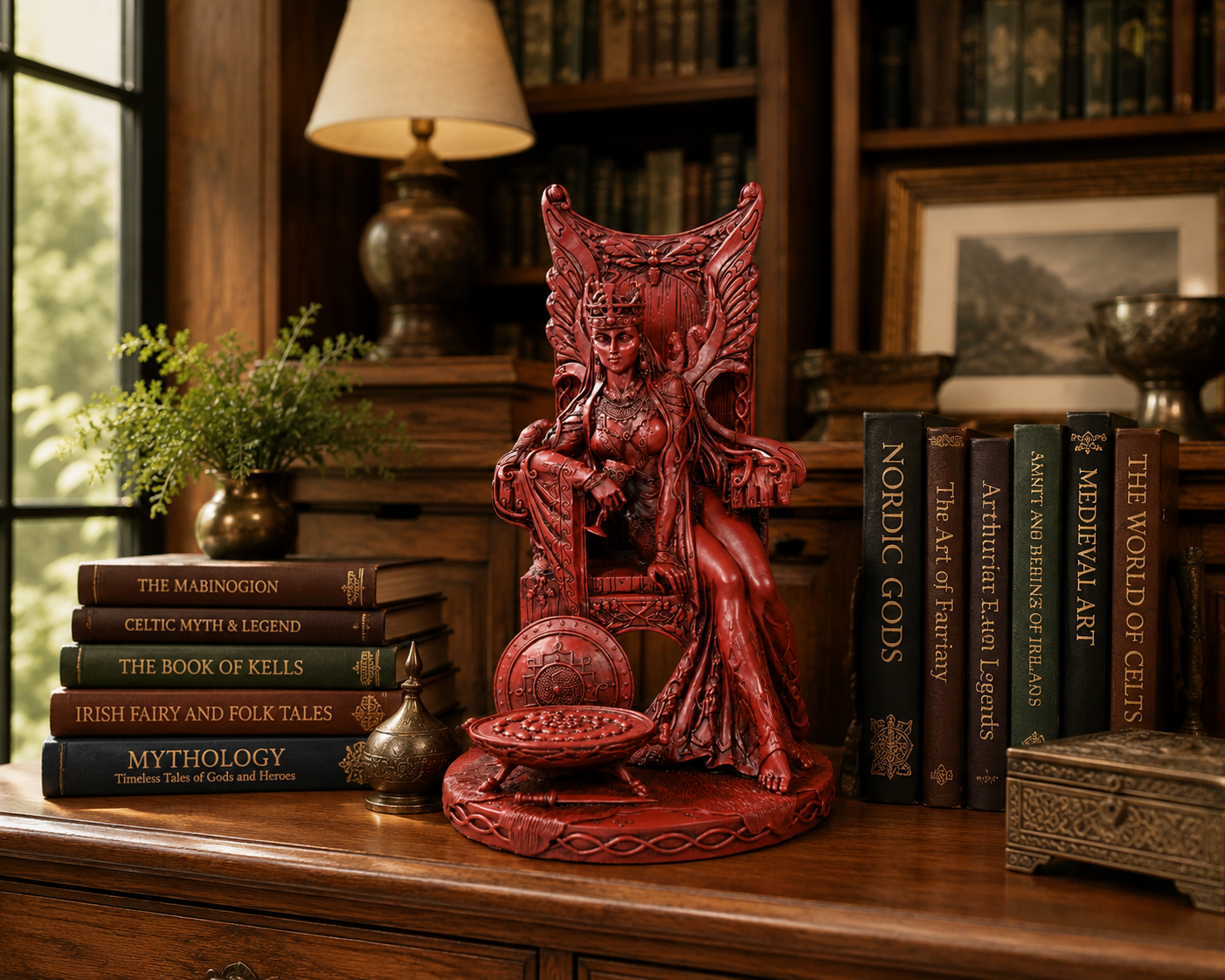 Goddess Maeve on a wooden surface with books in a room setting.
