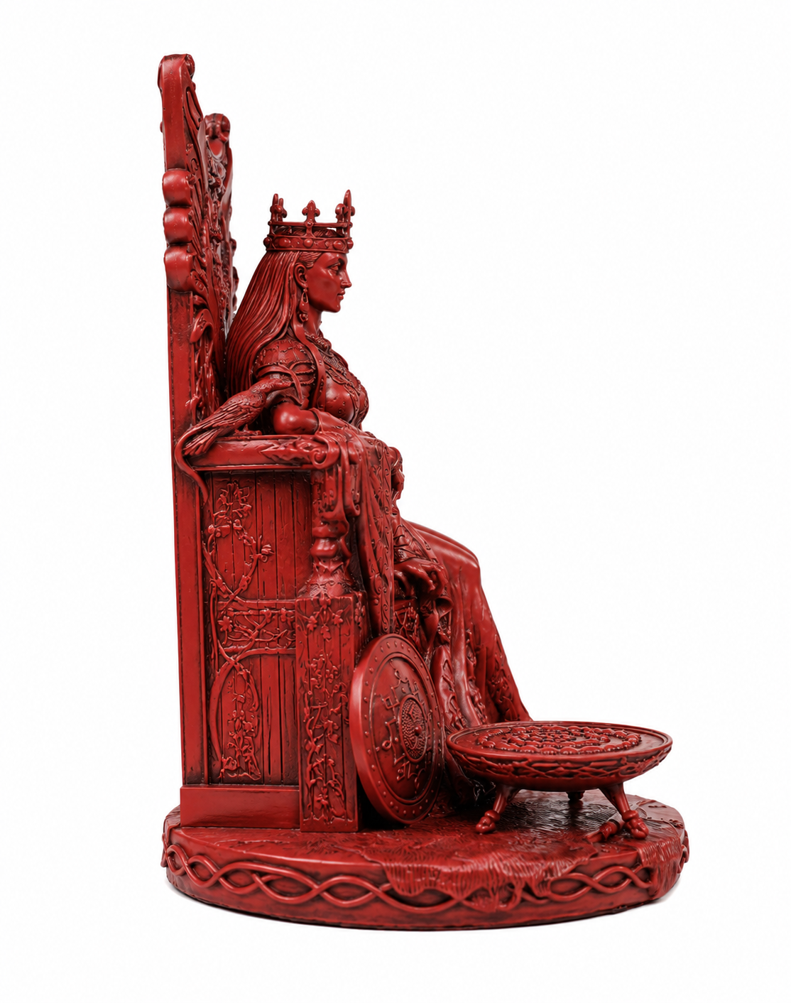 Goddess Maeve on a throne with intricate details on a white background