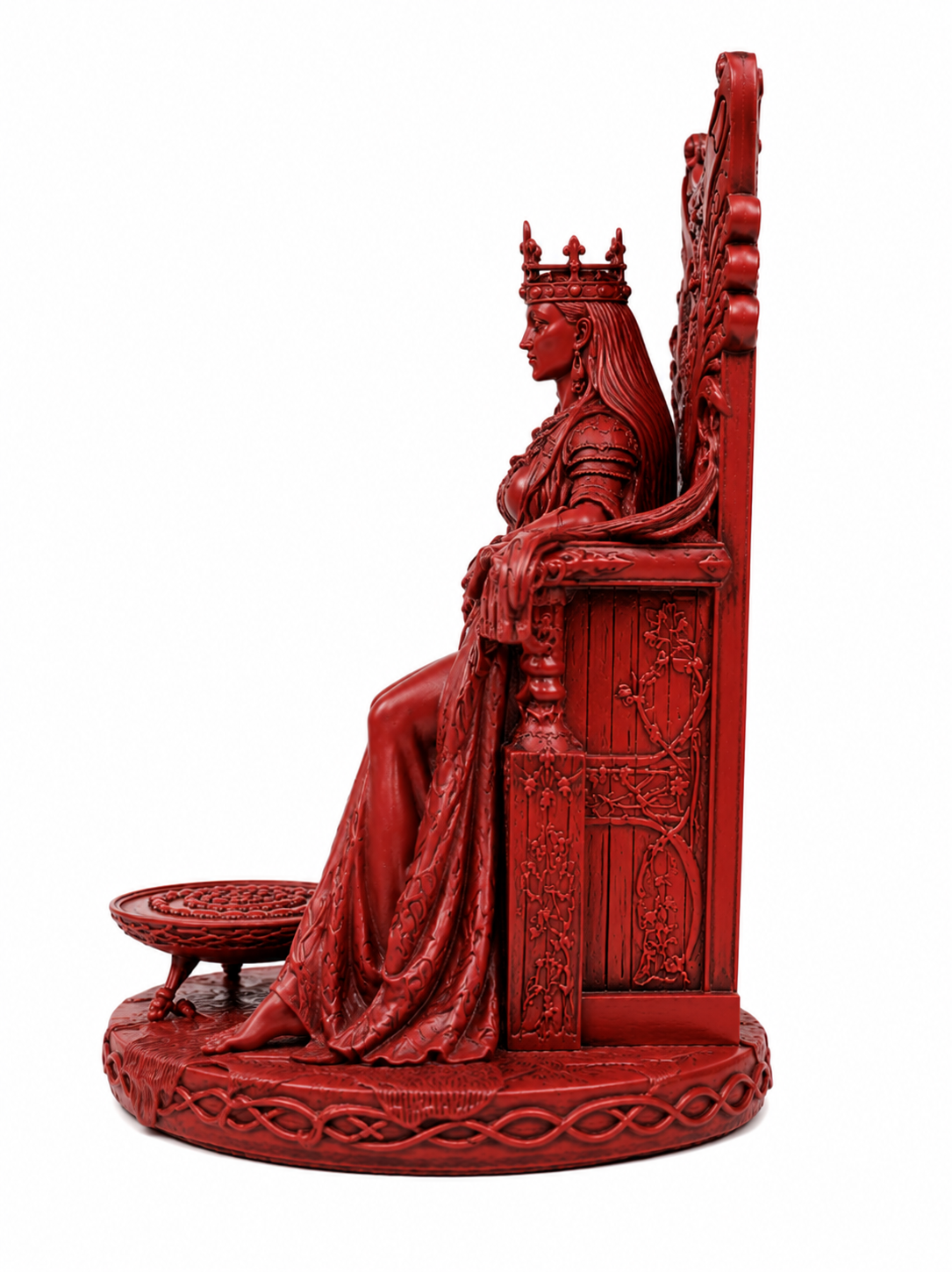 Goddess Maeve sitting on a throne with intricate details on a white background