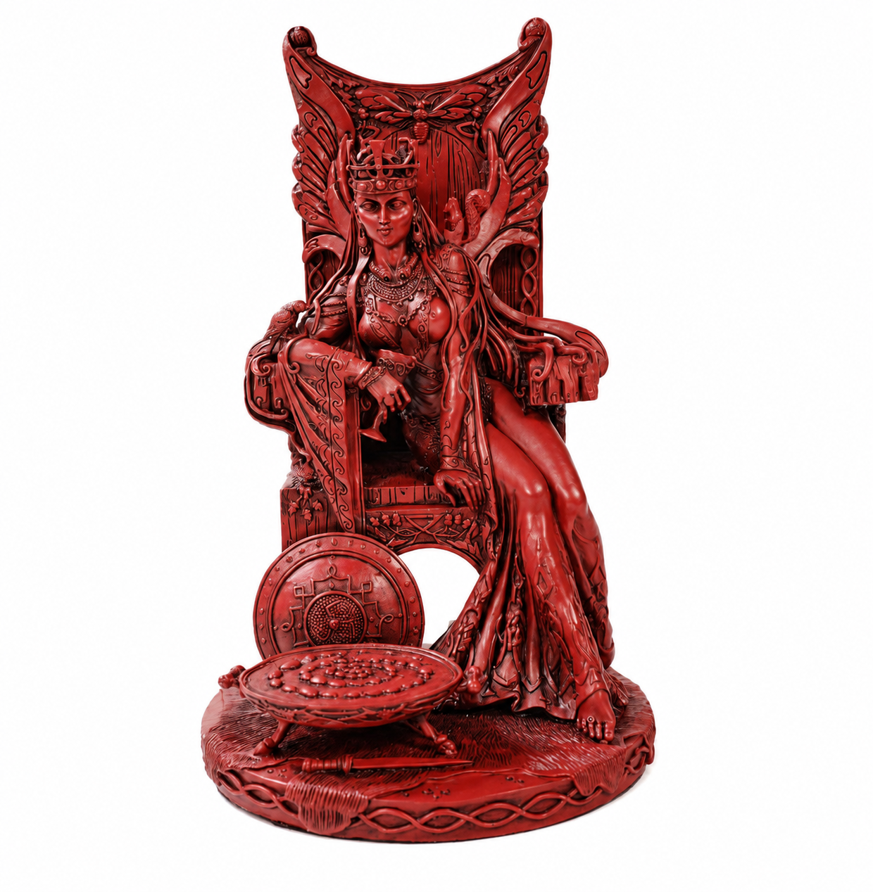 Red Goddess Maeve on a throne with intricate details on a white background