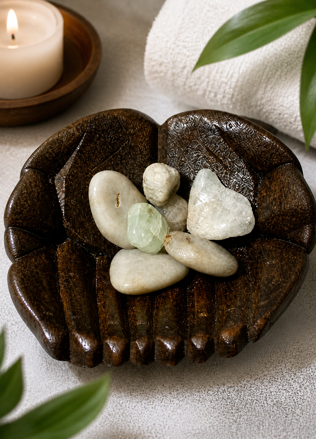 A calming spa-inspired still life featuring aquamarine stones in a carved wooden dish on a clean, textured surface. Gentle lighting evokes relaxation and wellness rituals, suggesting use in spa environments or self-care routines. Keep all objects unchanged while enhancing softness and clarity.