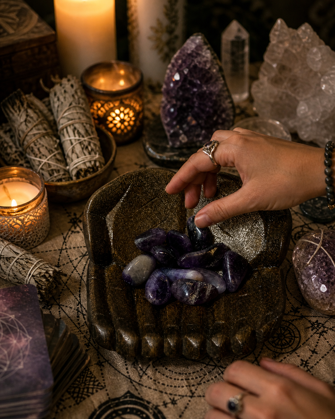A spiritual workspace featuring crystals and holistic tools. The carved bowl holding the ametrine stones sits at the center of a cloth-covered table, surrounded by candles, sage bundles, and other crystals. A pair of hands (partially visible) reaches toward the bowl, suggesting energy work or intention setting. Low lighting with candle glow highlights the stones.