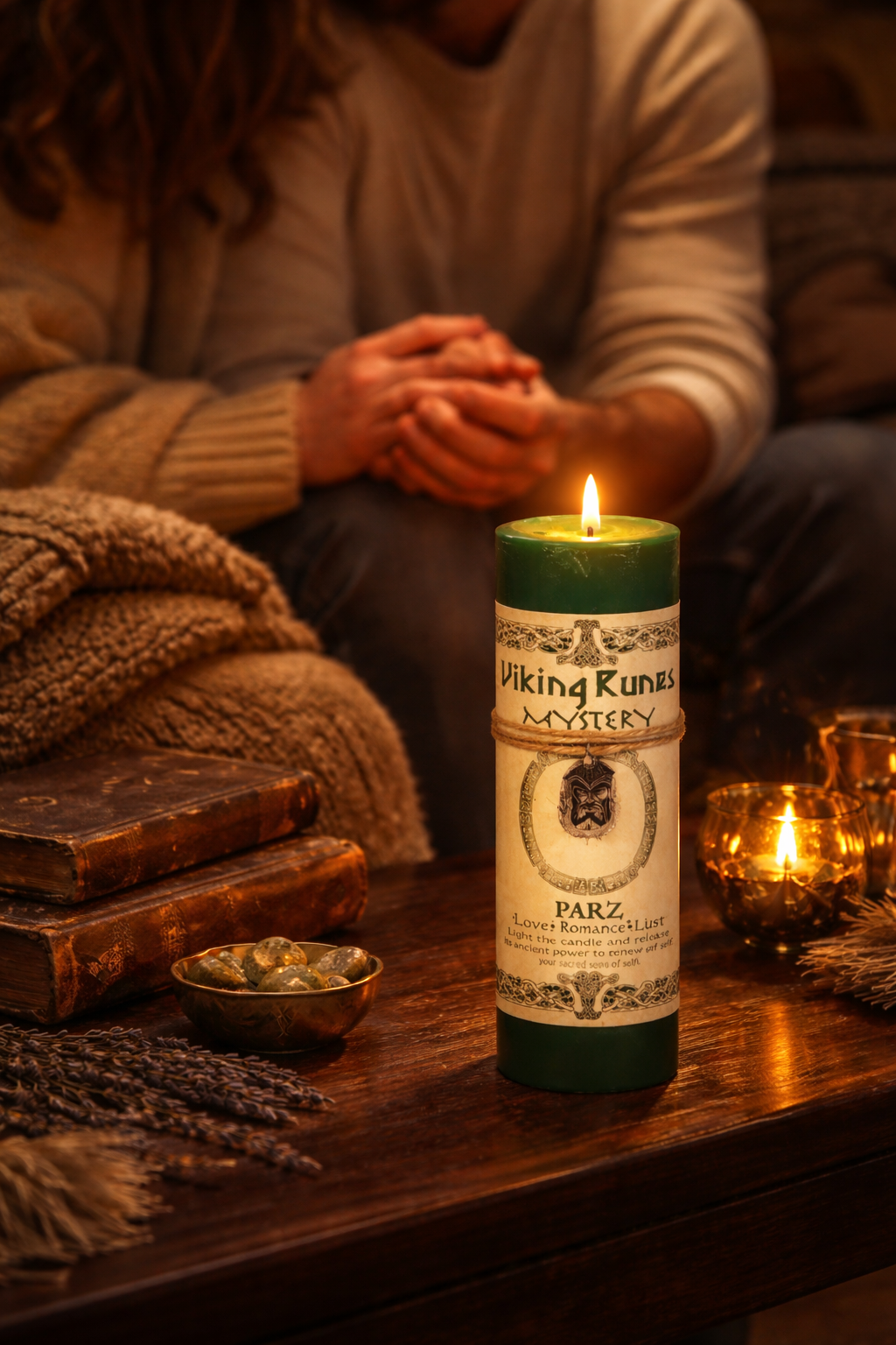 Viking Runes Mystery Parz Candle on a dark wooden table beside vintage books, warm blankets, and subtle Viking-inspired décor.