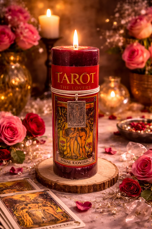 Tarot-themed candle with cards and flowers on a decorative table