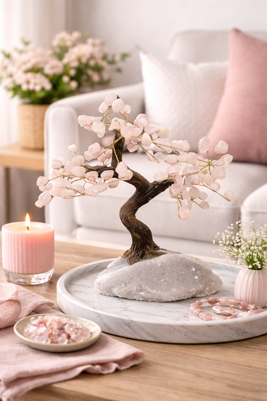 Decorative bonsai tree with pink blossoms on a marble stand in a living room setting.