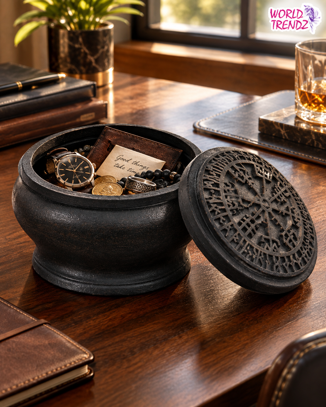 A round black metal keepsake Vegvisir box with a carved lid sits open on a wooden desk, filled with jewelry and coins. The scene is styled with a glass of whiskey, notebooks, and a potted plant in a warm indoor setting.