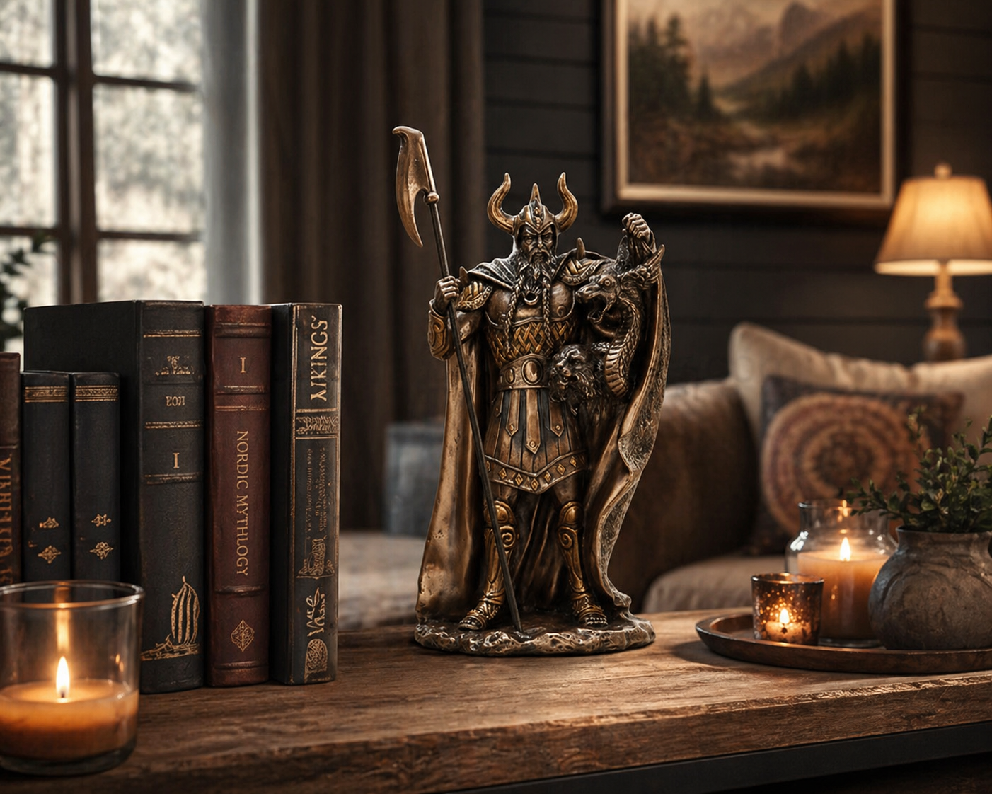 Decorative statue of Loki on a wooden surface with books and candles in a cozy room.