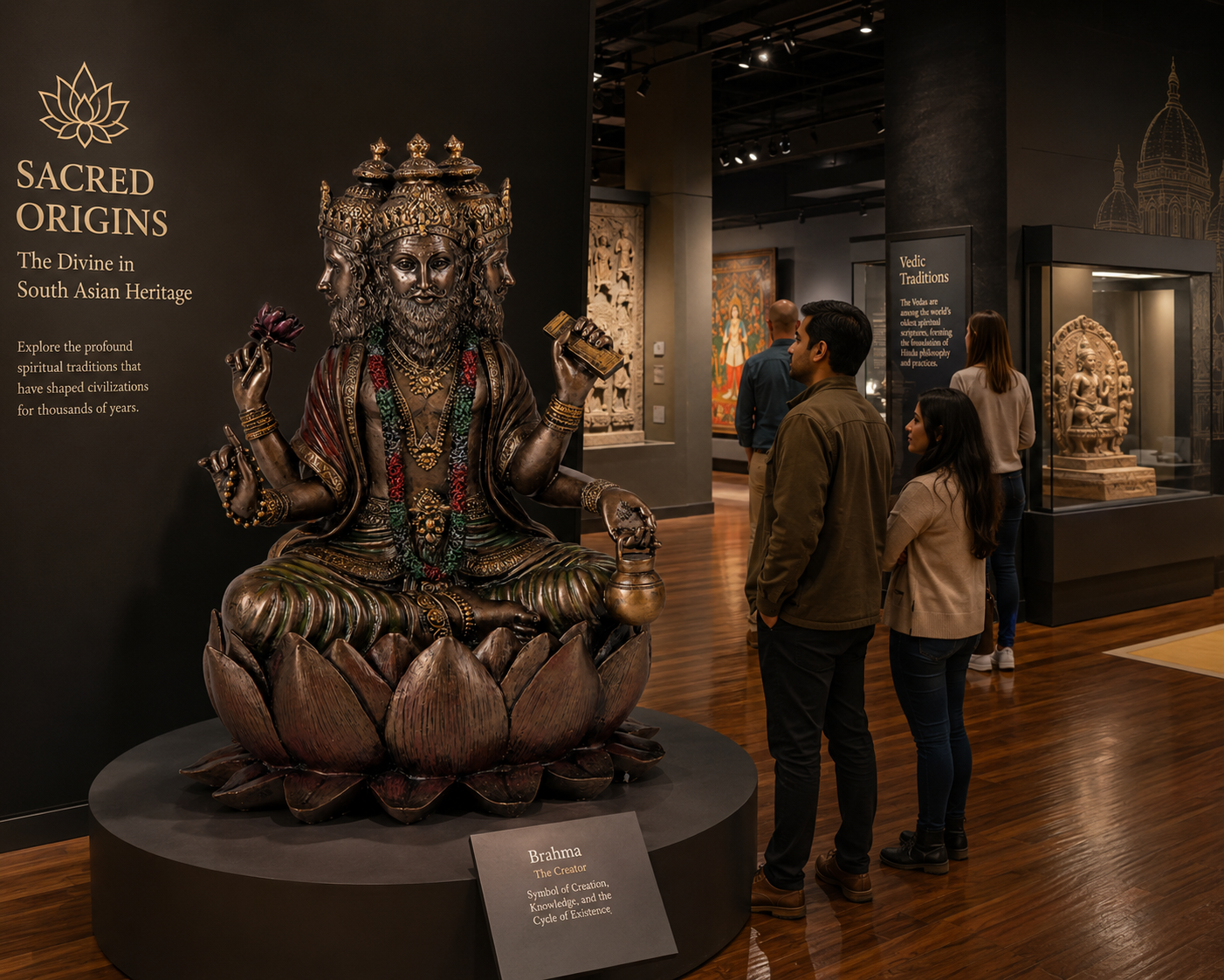 Statue of a deity Brahma on display in a museum with visitors observing.