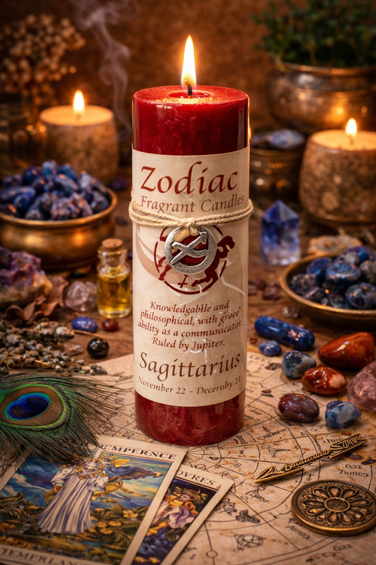 Zodiac fragrant candle labeled 'Sagittarius' surrounded by crystals and tarot cards on a map background.